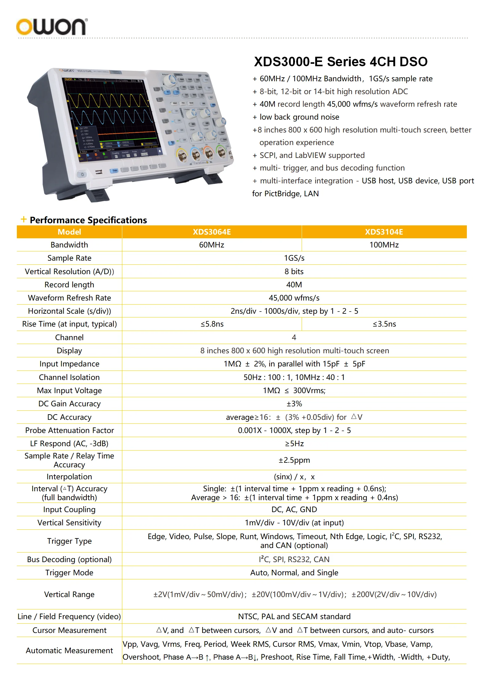 OWON XDS3104E 4 Channels Digital Oscilloscope 100MHz XDS3064E 60MHz 1GS/s 4CH 8inch Touchscreen I2C SPI RS232 CAN BUS Decording