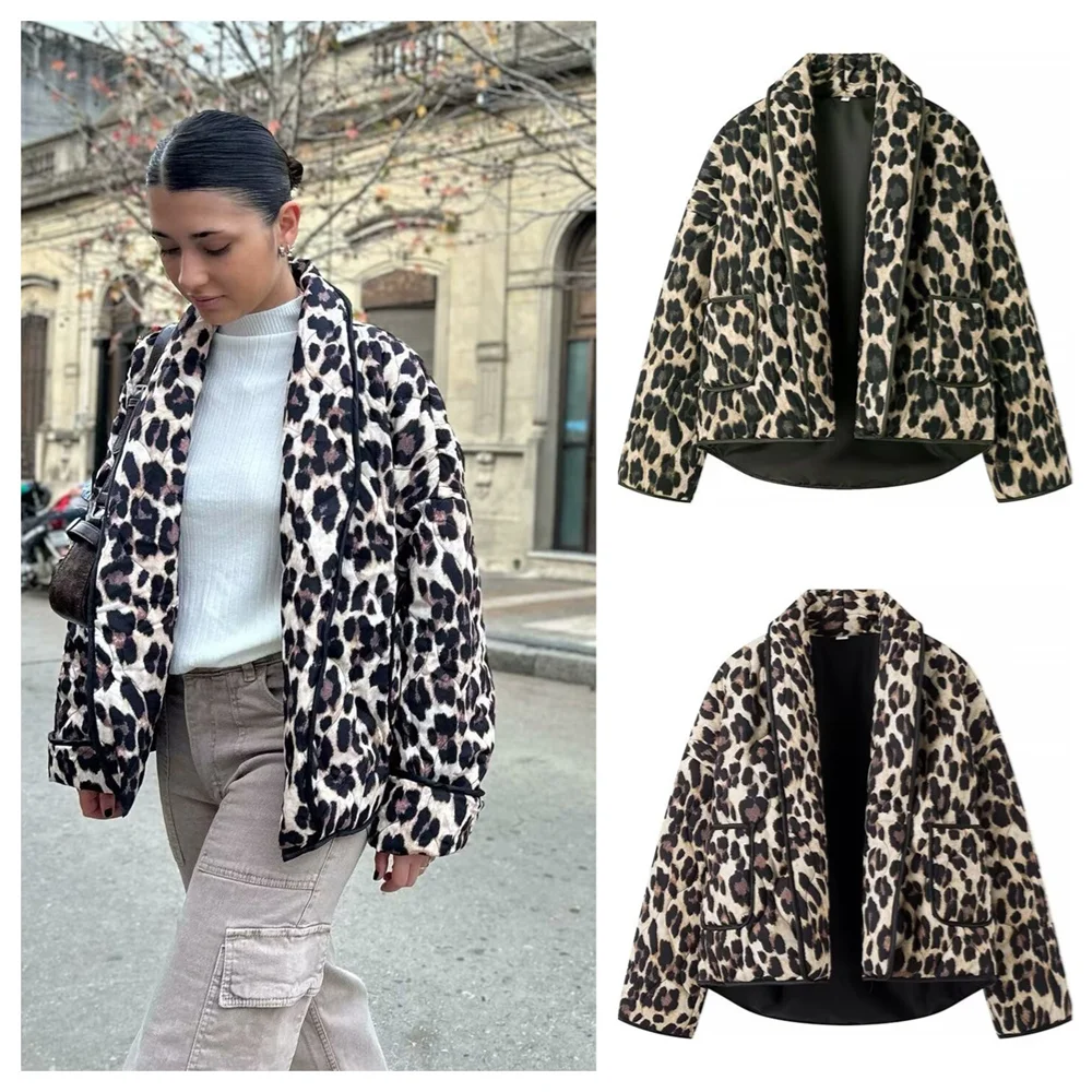 PB&ZA2024 autumn new women\'s clothing fashionable temperament lazy style cotton coat versatile casual leopard print jacket