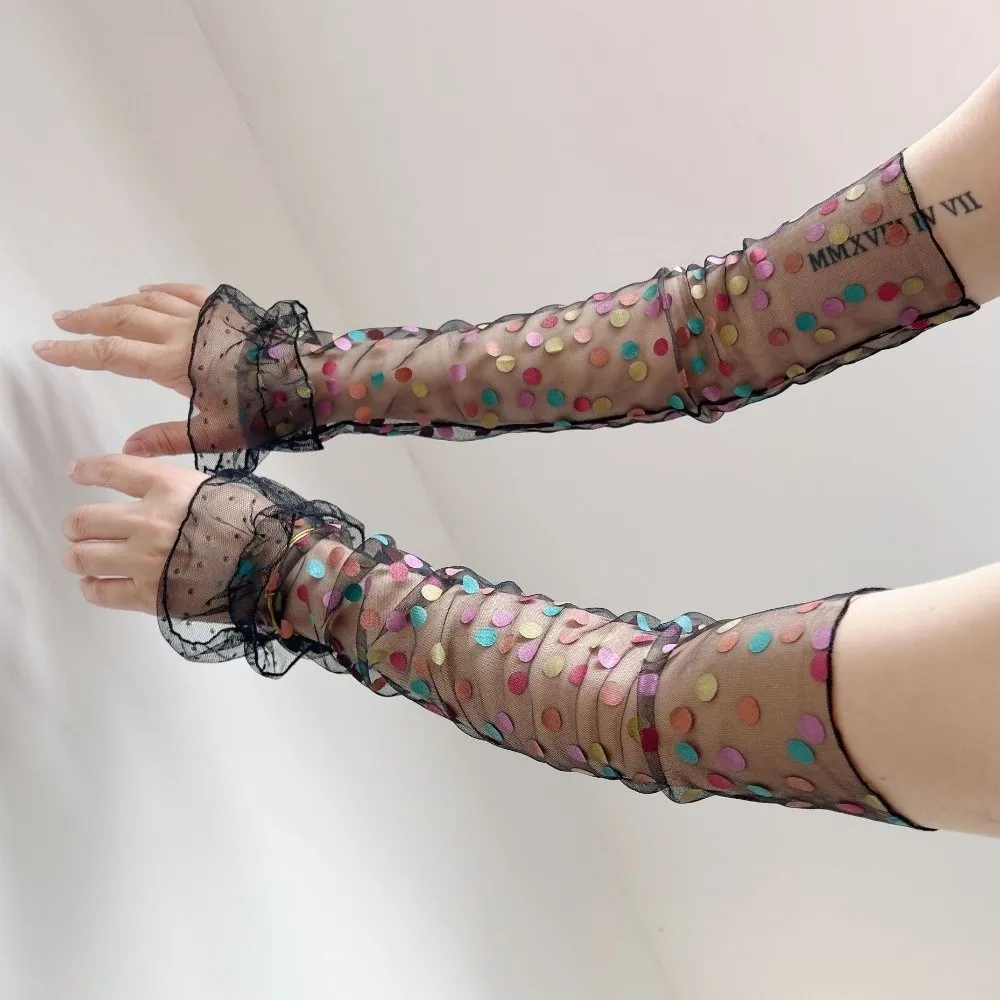 

Lace Breathable Lolita Arm Sleeves Bow Polka Dot Pattern Long Fingerless Gloves Cloth Transparent Bridal Gloves Sun Blocking