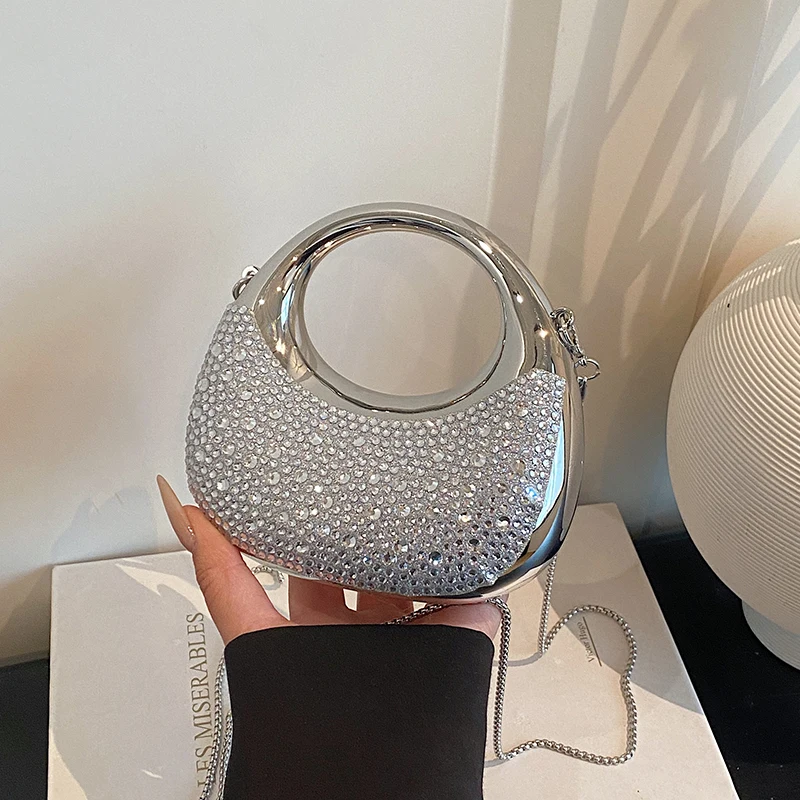 

Women's Rhinestone Evening Clutch Bag, Gold Metal Handle Mini Handbag, Chain Crossbody Purse for Party & Wedding