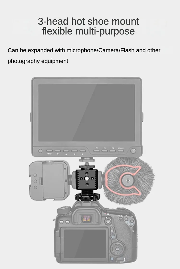 Triple Cold Shoe Mount Adapter 1/4 Arri Hole Hot Shoe Monitor Base Mic Fill Light Bracket Holder for SLR Camera Cage Accessories