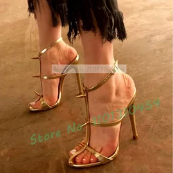 Gold T-strap Women Sandals Metal Rivets Decor Stiletto High Heels Luxury Shoes Summer Open Round Toe Toe Strap Metallic Sandals