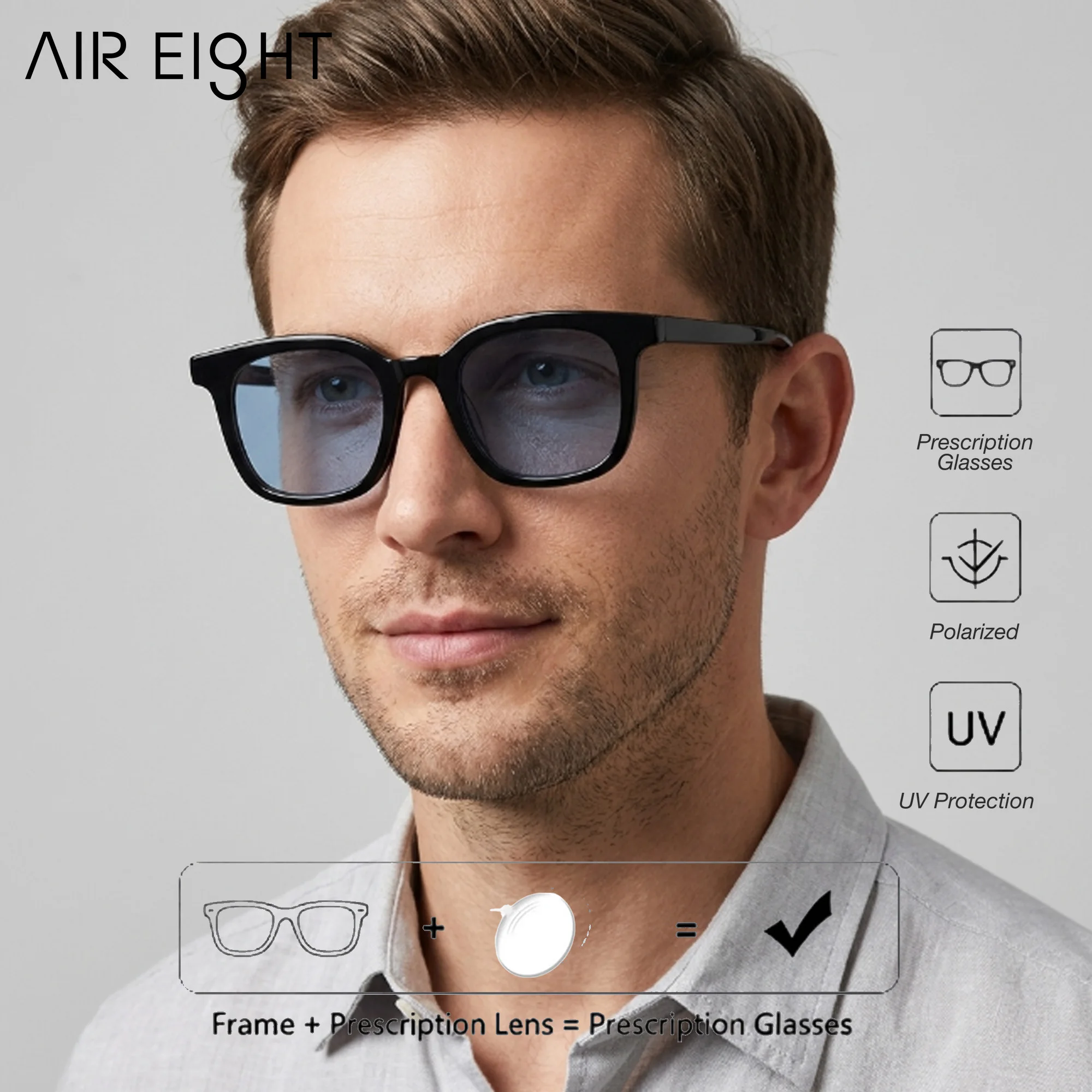 AIR EIGHT M Size Square Acetate For Men Prescription Sun Glasses Polarized UV400 Progressive Lenses Business Eyewear