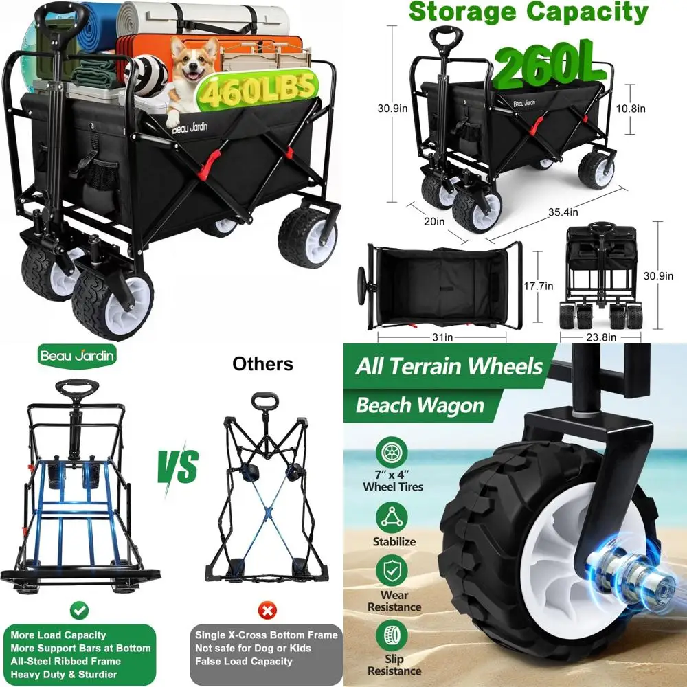 عربة شاطئ قابلة للطي شديدة التحمل مع سعة 460 رطلًا للحديقة والرياضة والتسوق واحتياجات المرافق