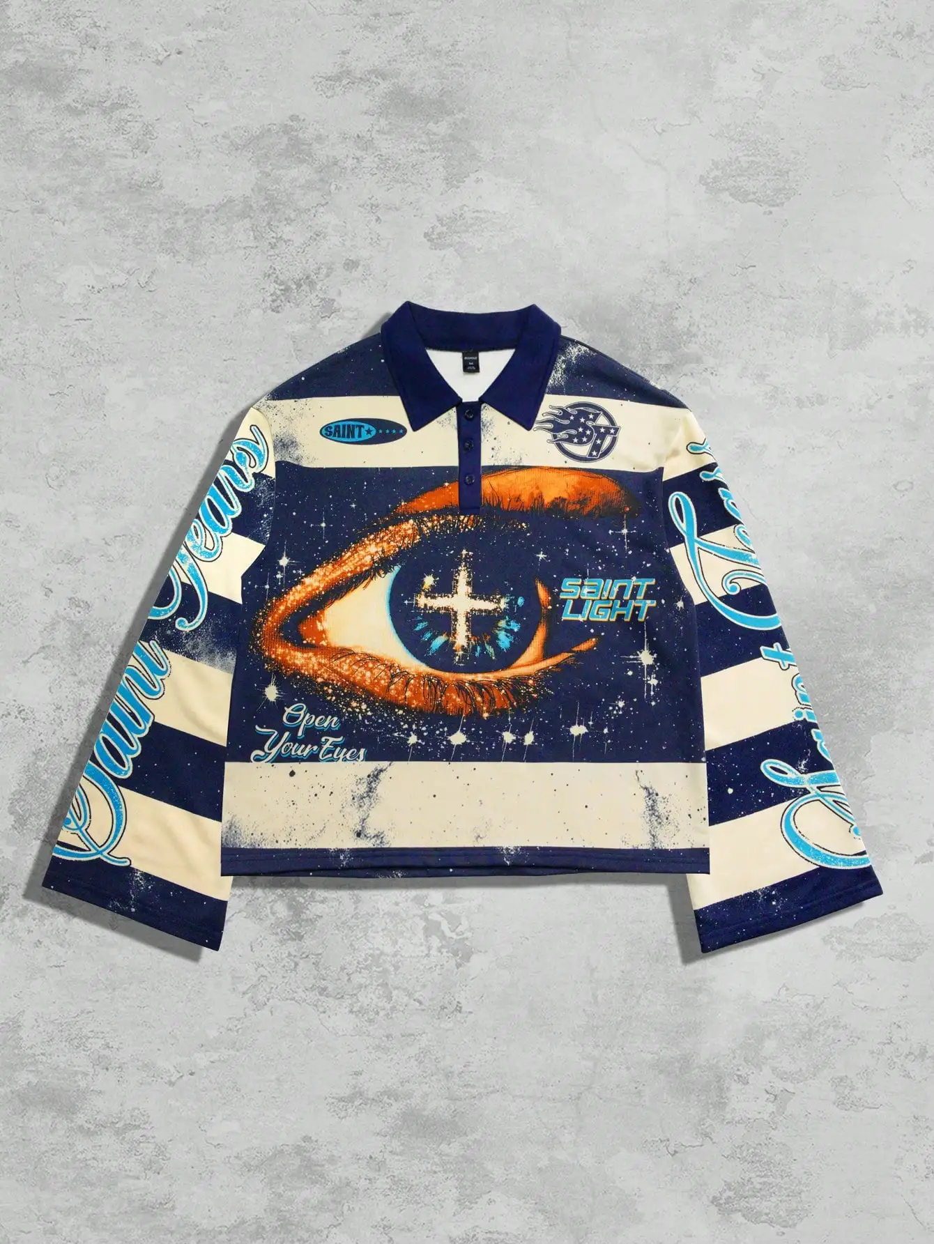 

Men's Long Sleeve Polo Shirt with Cosmic Eye Graphic, Striped Design, Casual Fit