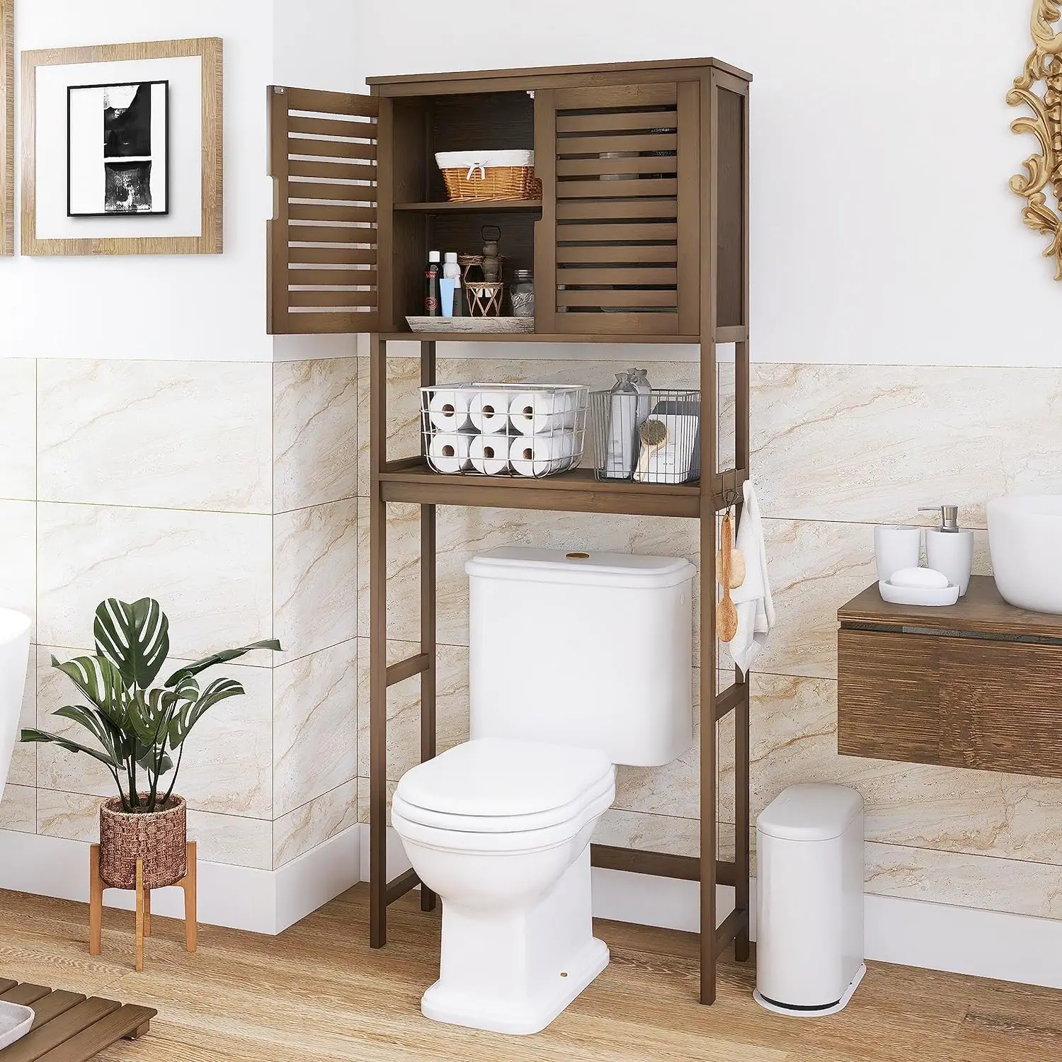 SMIBUY Bathroom Storage Shelf with Cabinet, Bamboo Over-The-Toilet Organizer Rack, Freestanding Toilet Space Saver with 3-Tier A