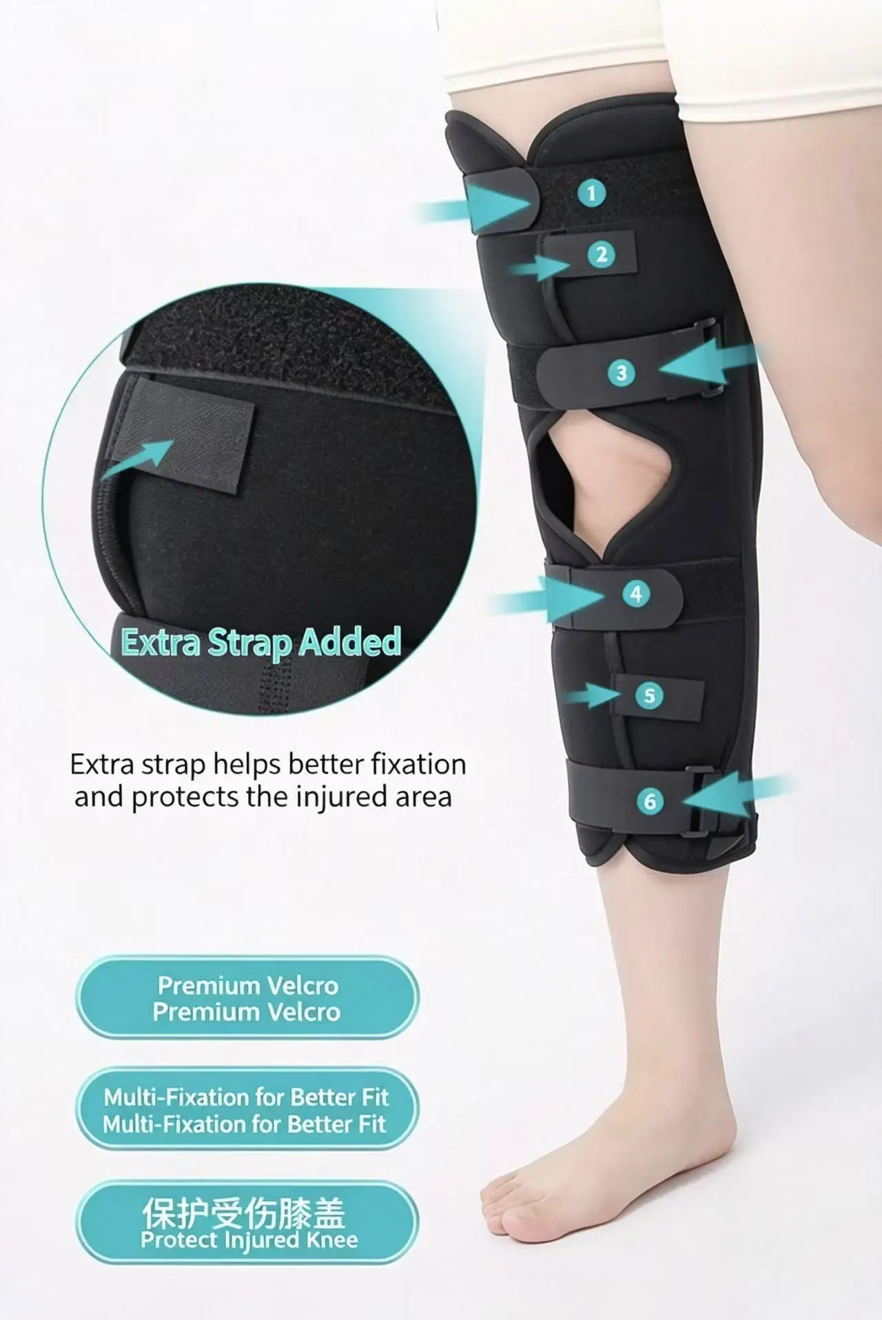 Adjustable Knee Immobilizer Brace, Neoprene Long Leg Splint Stabilizer for Knee Fracture Ligament Injury Post Surgery Recovery