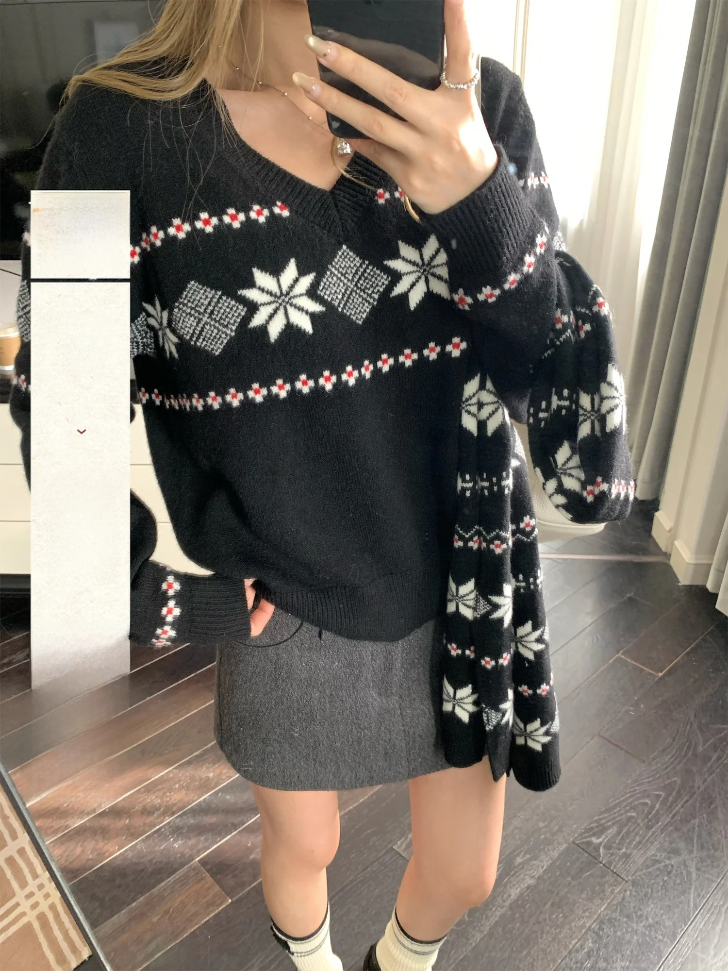 

Yuzuqi eenfield Island Bla V-Ne Pullover Woolen Sweater Women's Autumn Winter Vintage Long Sve Knitted Top