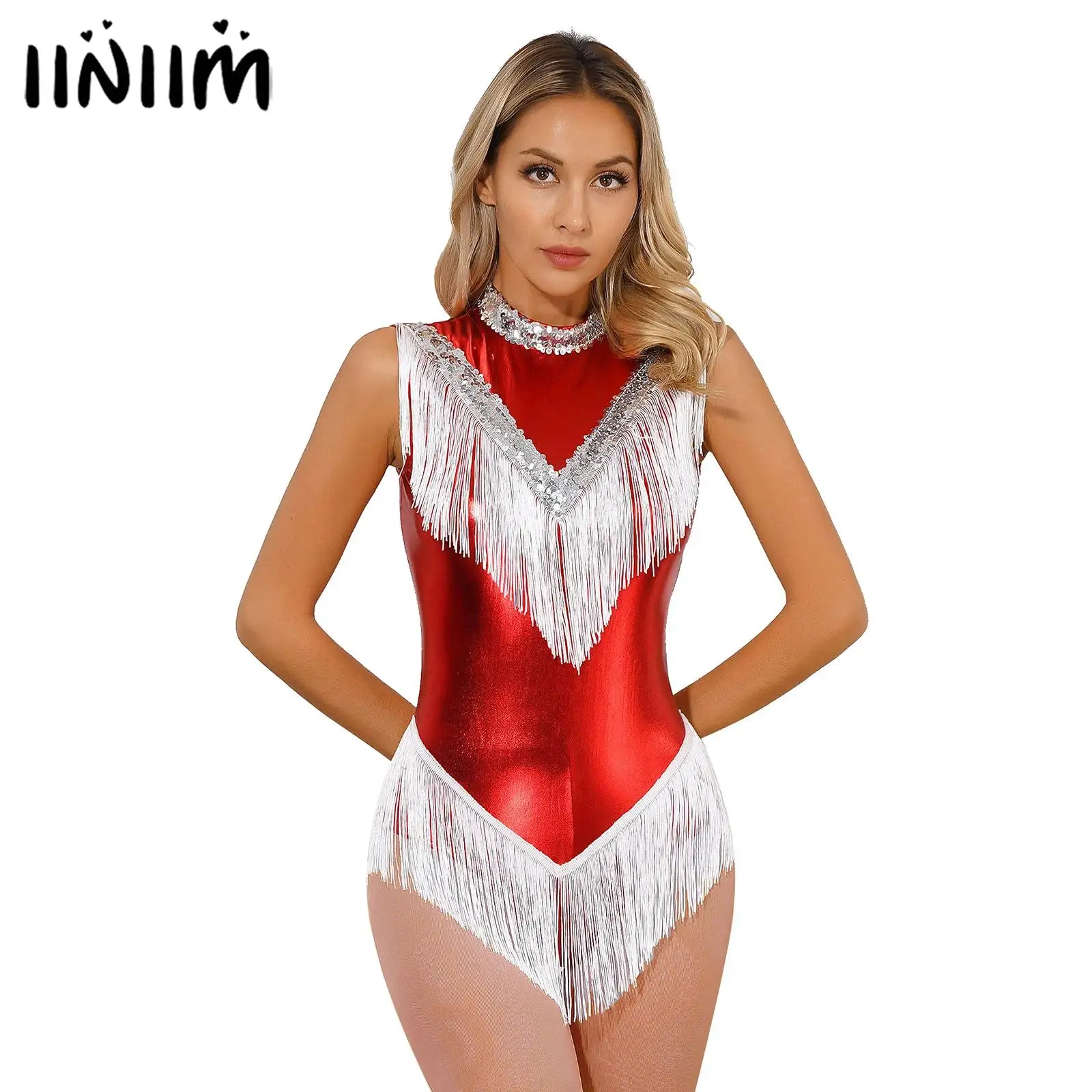 

Womens Latin Dance Performance Costume Metallic Fringed Bodysuit Shiny Sequins Tassel Leotard Latin Tango Cha-cha Dancewear