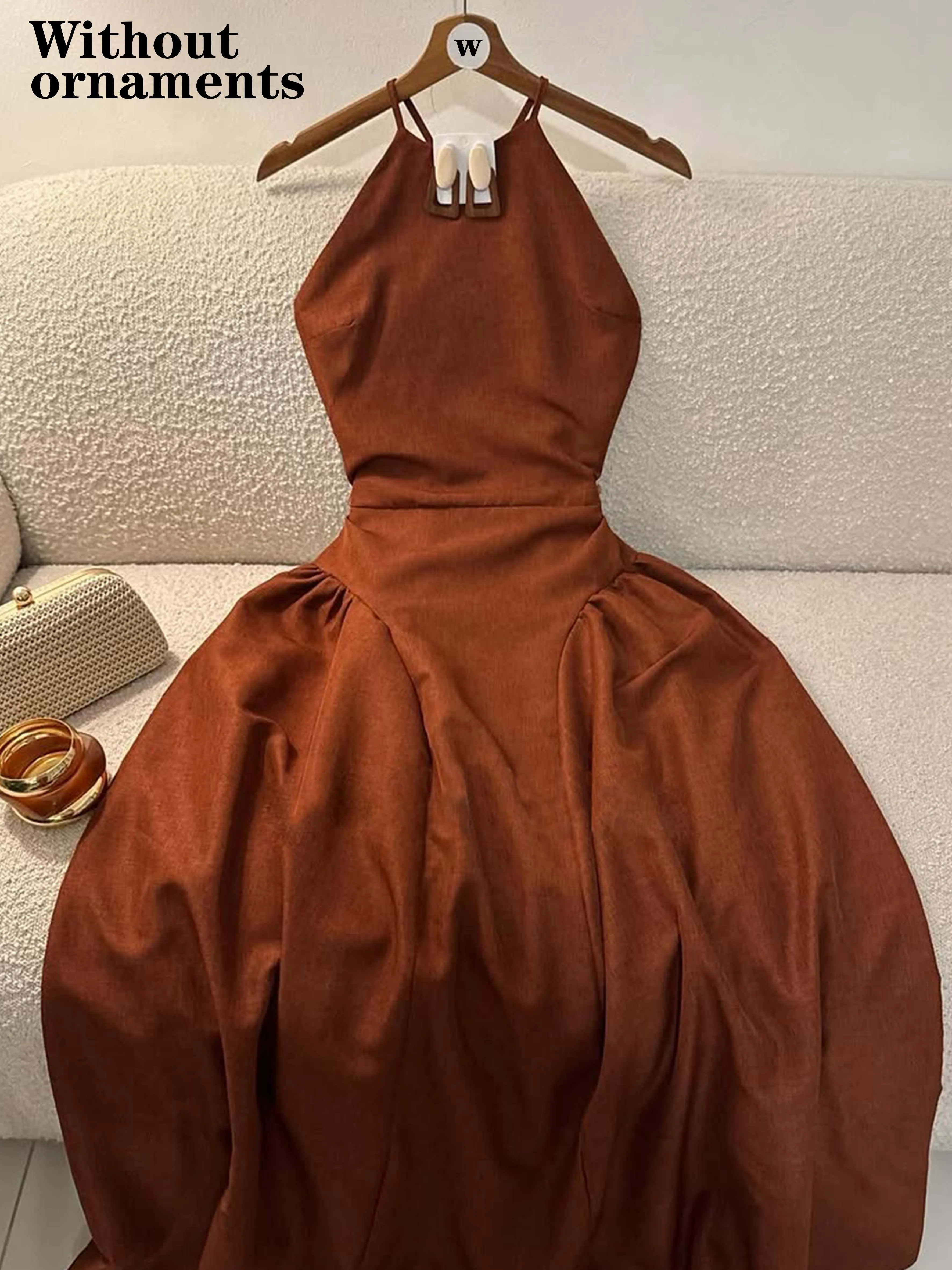 Womens French Vintage Caramel Halter Backless Waisted Maxi Swing Dress, Flowy Fabric for Beach Vacation