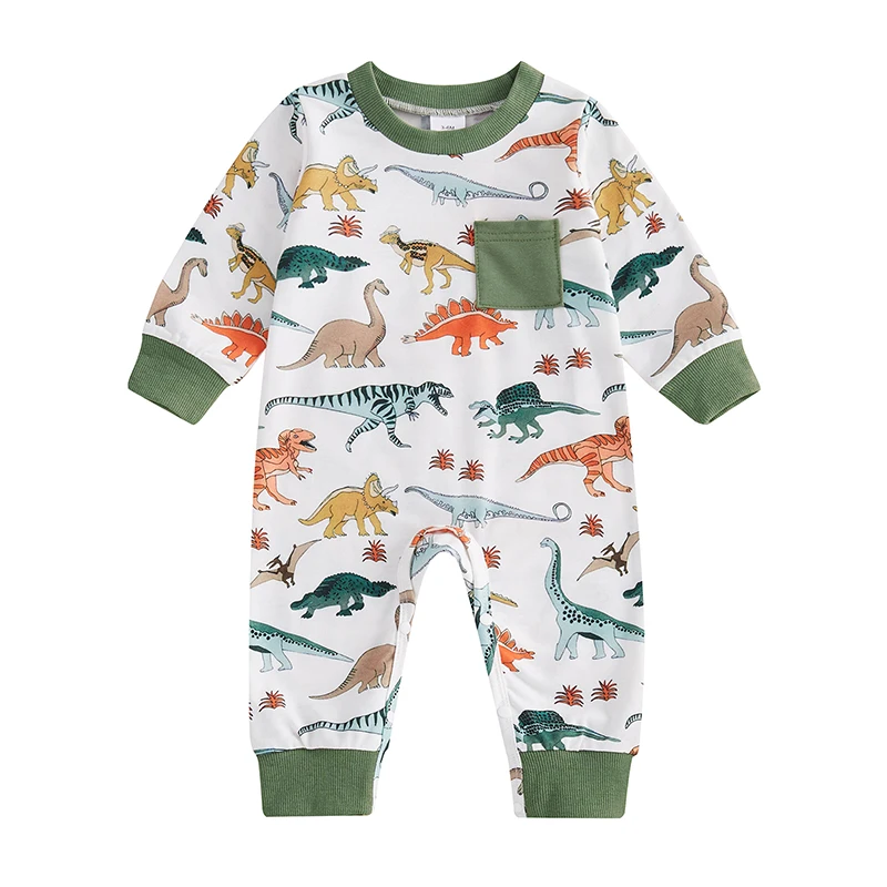 

Baby Boy Sweatshirt Romper Casual Dinosaur Print Long Sleeve Jumpsuit for Infant Toddler Fall Outfit