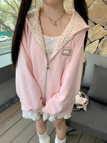 Imagen 2 del producto Sudaderas con capucha Y2k para mujer, sudaderas con capucha y estampado Floral de gato Kawaii verde, chaqueta fina rosa, ropa de calle bonita para primavera y otoño