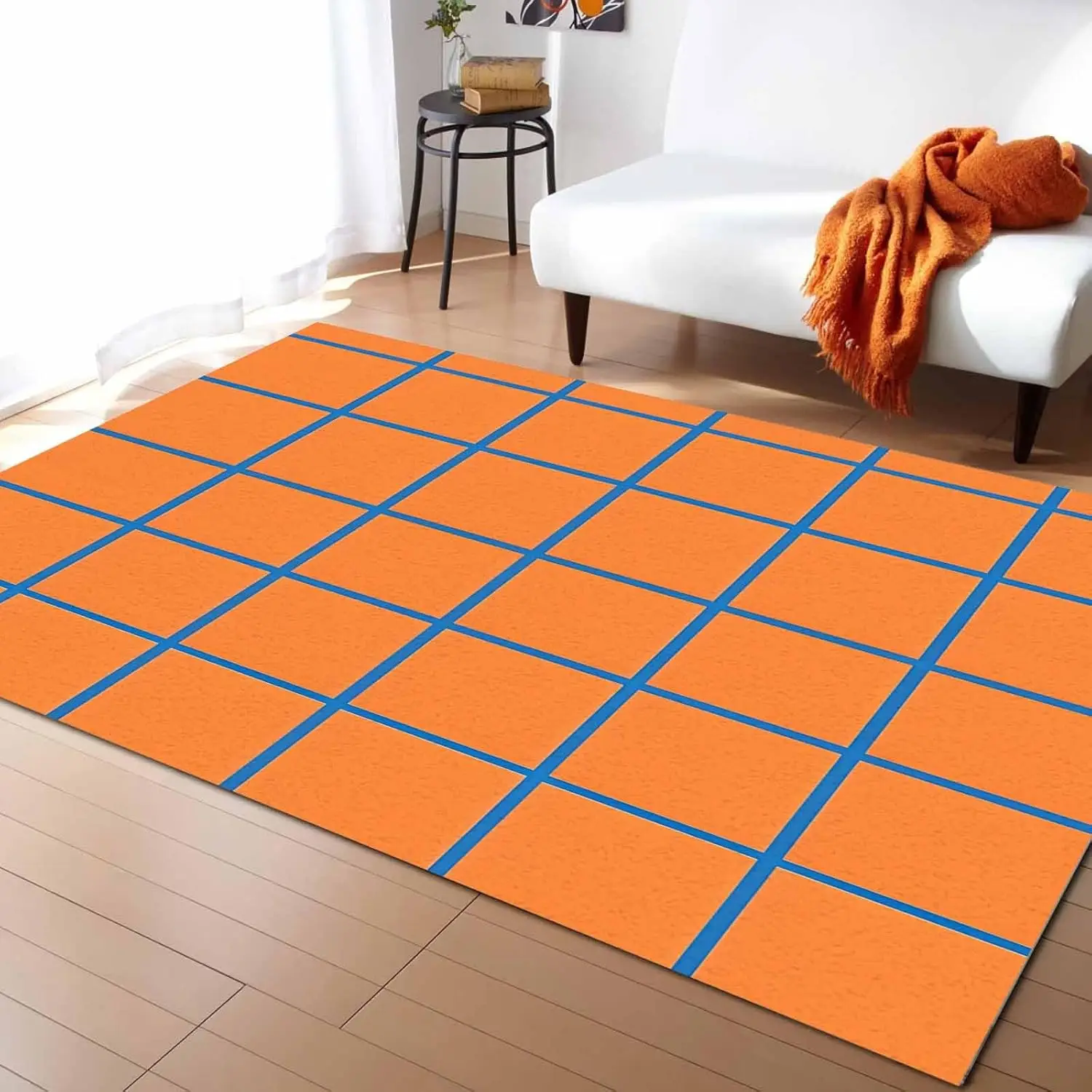 

Orange Blue Stripes Check Washable Area Rugs Simple Style Lines Abstract Art Non Slip Rugs for Living Room Bedroom, Low Pile