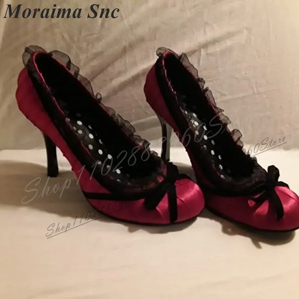 Trendy Red Silk Ruffles Decoration Pumps Thin High Heel Shoes For Women Slip On Round Toe 2024 Fashionable Zapatos Para Mujere