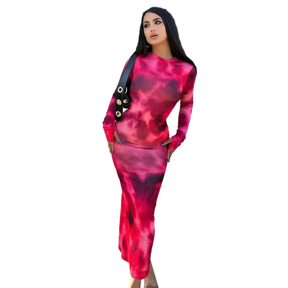 

Women Round Neck Dress with Long Sleeve Tie-dye Pattern for Slim Sheath Dress Style