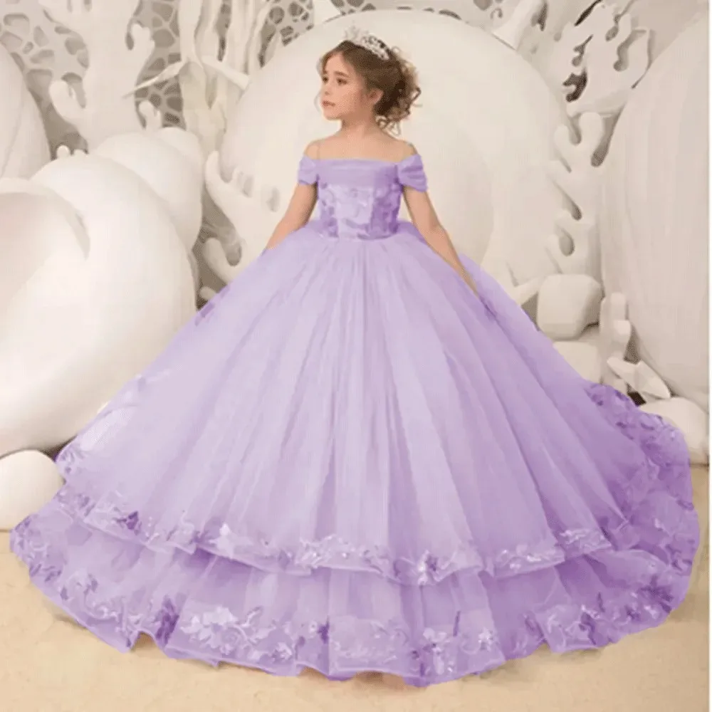 Elegant Off The Shoulder Flower Girl Dresses For Wedding Toddlers Appliqued Ruffles Tulle Pageant Dress Kids Birthday Ball Gowns