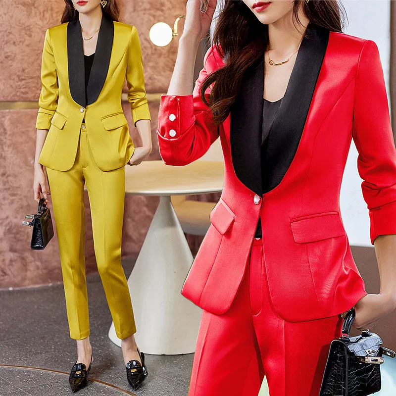 

2023 Long Sleeve Female Boutique Fashion Suit Two-Piece Set Red Work Uniforms Yellow Office Lady Suit