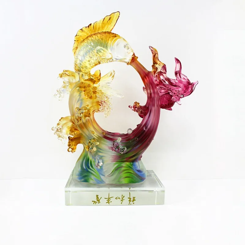 Style Crafts Folk Art Glass Fish Sculpture Special Design Modern Fish Chinese Colorful Art Home Decoration Gift Packaging