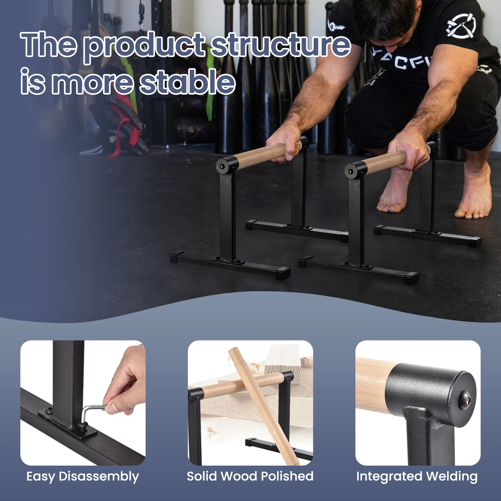 2 Stück Liegestützgriffe, Holz-Liegestützstangen für Calisthenics-Krafttraining, Liegestützgriffe aus massivem Holz mit Metallrahmen, hochbelastbare Stützen, 200 kg Tragkraft, ergonomischer Griff, Heimfitnessgerät für Bodenübungen. – Detail 7
