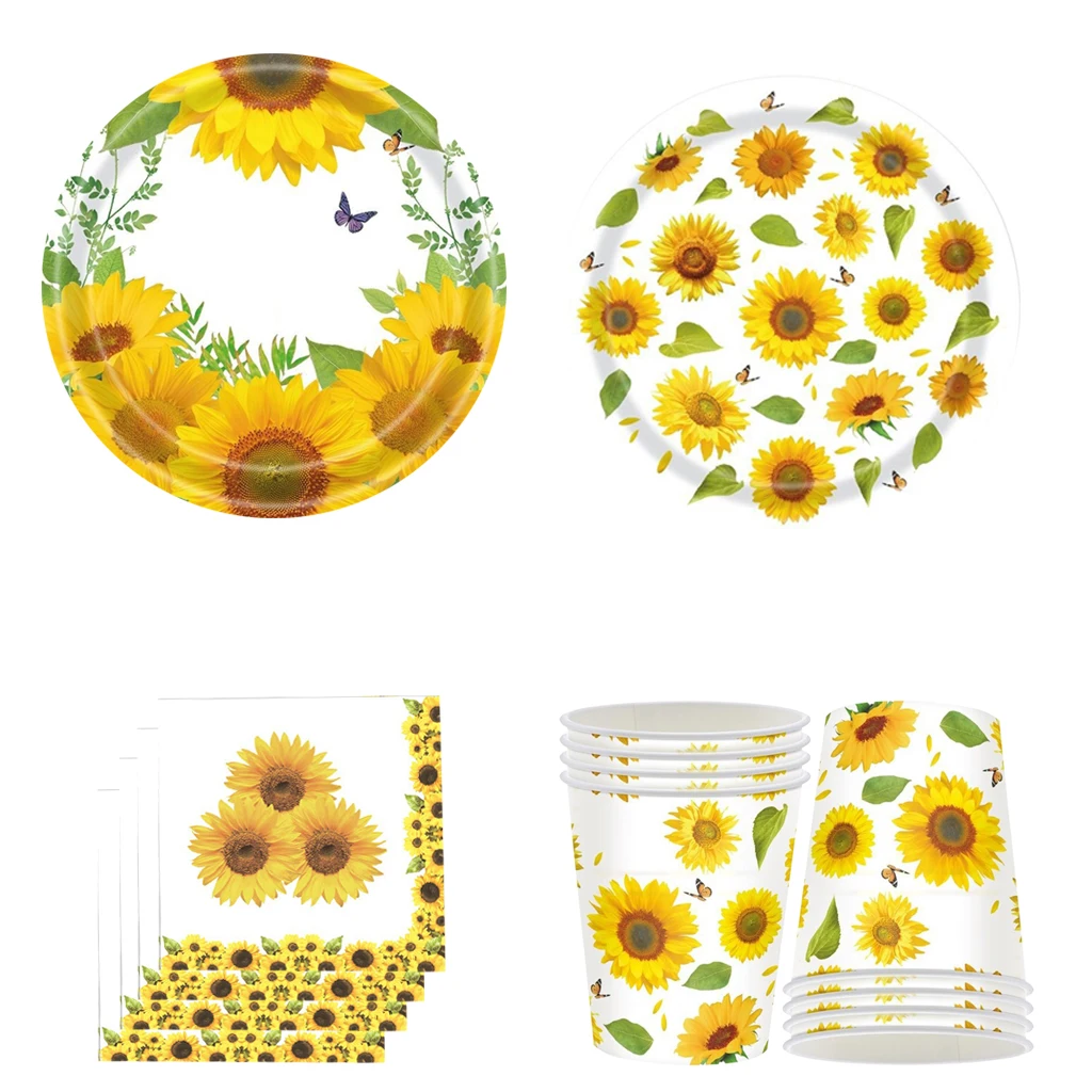 8Guests Sunflower Party Disposable Tableware Turnsole Plate Napkin Tablecover Sunflower Theme Happy Birthday Party Decor