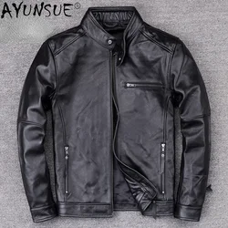 AYUNSUE Men Leather Jacket Vintage Style Men's Genuine Cowhide Coat Man Leather Clothes Biker Jackets Korean Veste Homme SQQ343