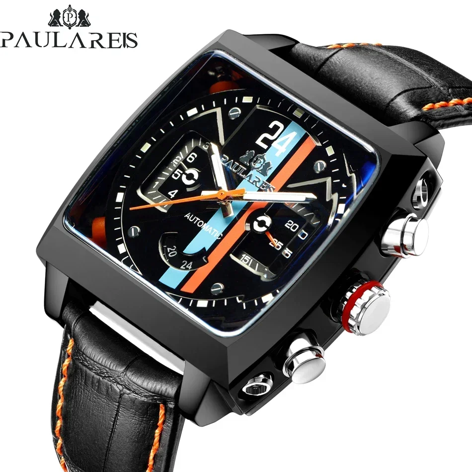 Automatic Watches for Men Mechanical Genuine Leather Stainless Steel Black Orange Blue Casual 40mm Perspective See Through Watch