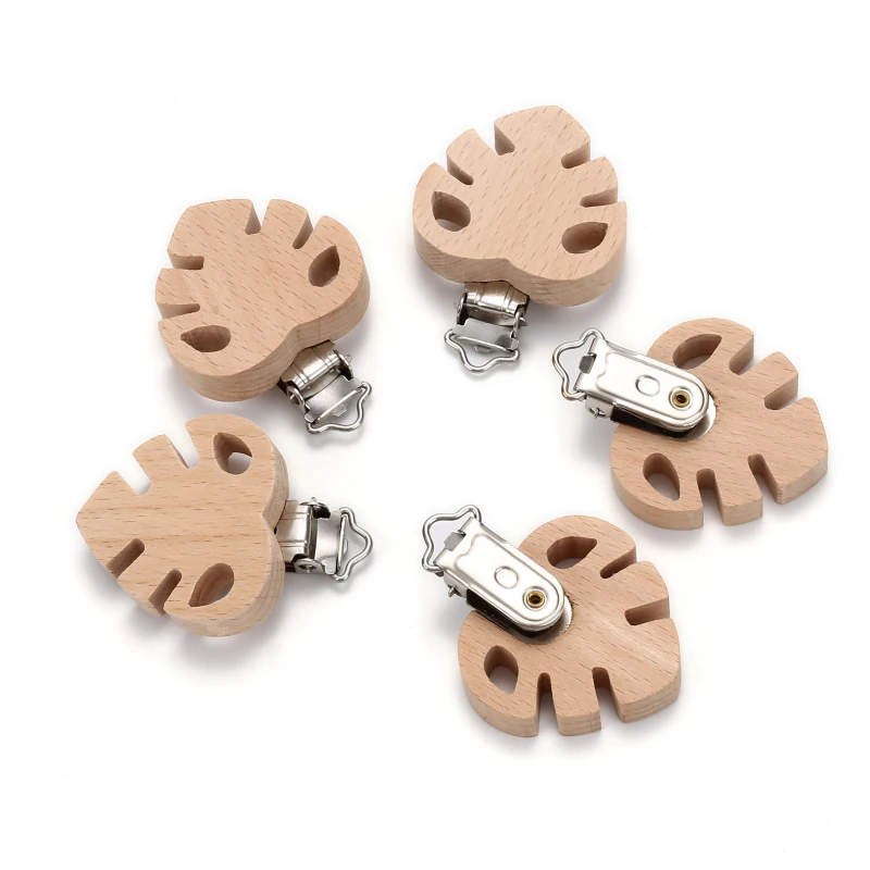 

5Pcs Food Grade Beech Wooden Clip Leaf Shape Dummy Clip for Baby Teething Pacifier Chain Holder DIY Accesories BPA Free