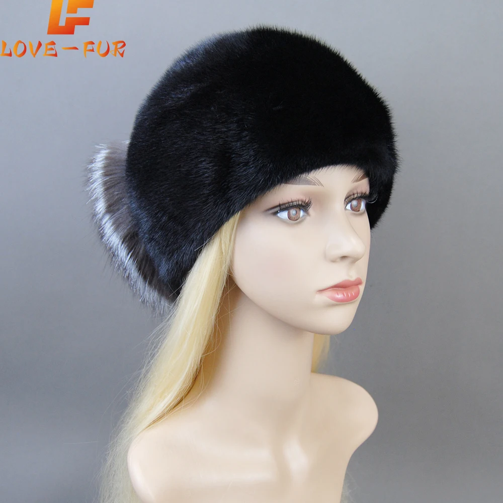 

Women Winter Real Mink Fur Hats Russian Female Fur Hat With Ears Knit Beanie With Pom Poms Newsboy Caps Ladies High Elastic Hat
