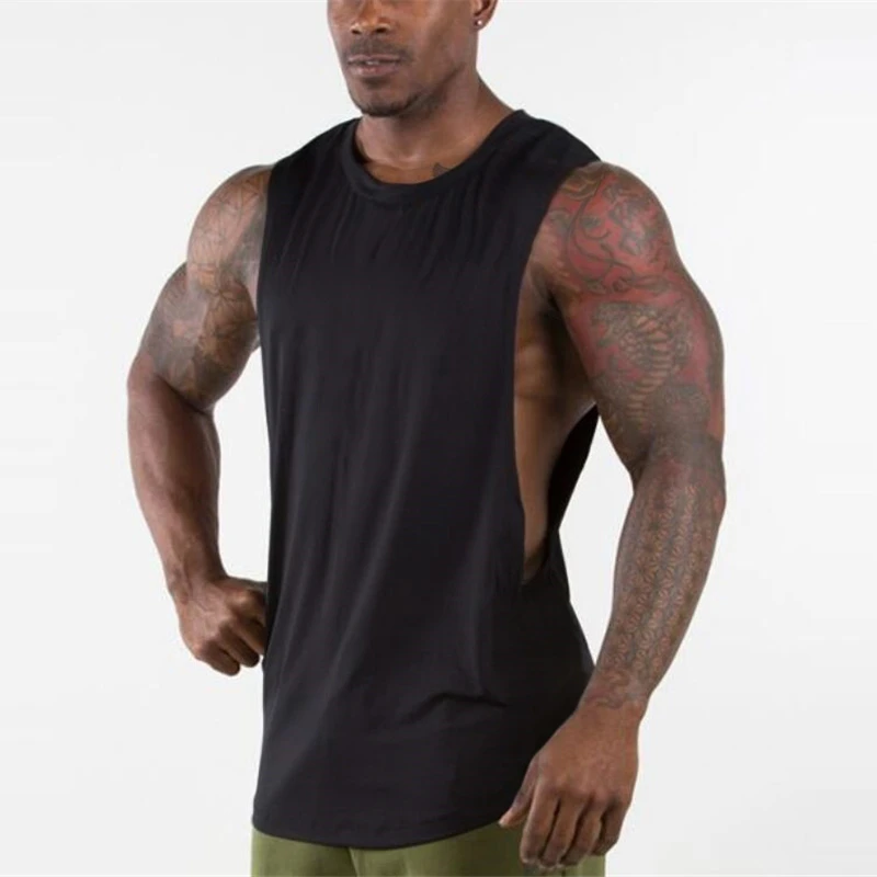 Plain Mens Casual Sleeveless Side Slits T-Shirts Gym Sport Bodybuilding Fitness Muscle Tank Tops Summer Breathable Cotton Vests