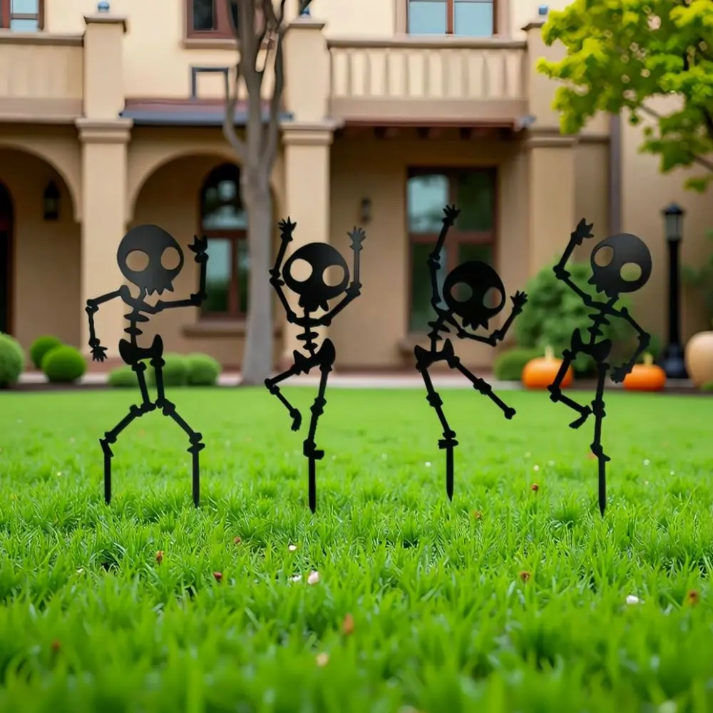 Halloween Decorative Skeleton Stake Iron Dancing Skull Shape Yard Ornament Outdoor Garden Lawn Decor Festive Atmosphere Art