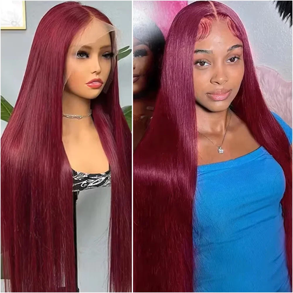 

Парик из натуральных волос с кружевной передней частью 13x6, 200% плотность, цвет 99J Бордовый, предварительно снятая линия роста волос, бразильские окрашенные прямые волосы, 36-40 дюймов, красный кружевной фронтальный парик