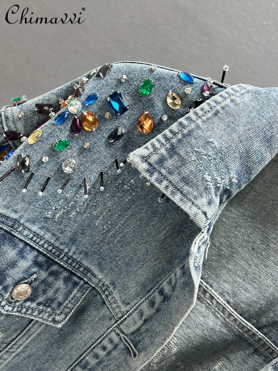 Squisito cappotto di jeans con strass femminile primavera e autunno nuova moda allentata sottile Ins europea manica lunga streetwear giacche di jeans