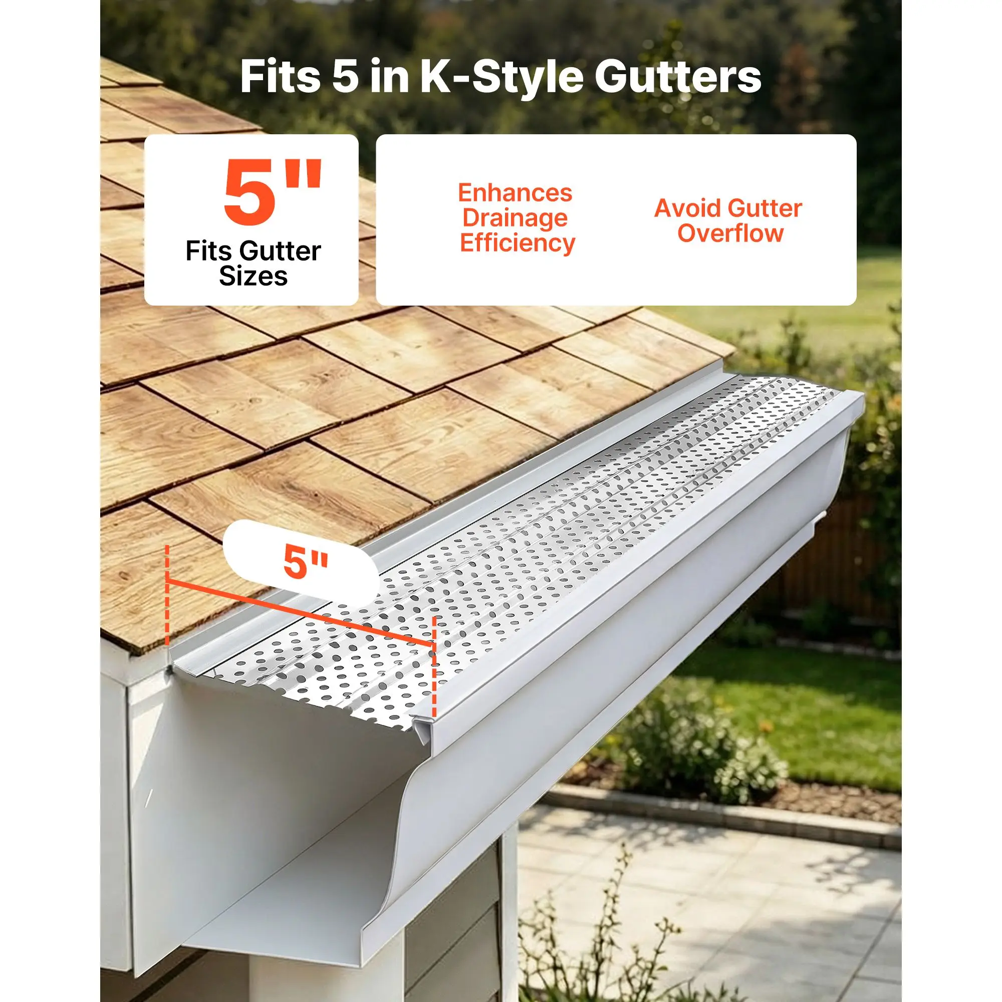 

Gutter Guard, 5 inch Aluminum Gutter Cover Heavy-Duty, 32ft Length Protection Cover for Leaf & Debris, 0.02 in Thickness Mill Finish, Easy DIY Install, Fast Drainage, Screws Included, 8 PCS