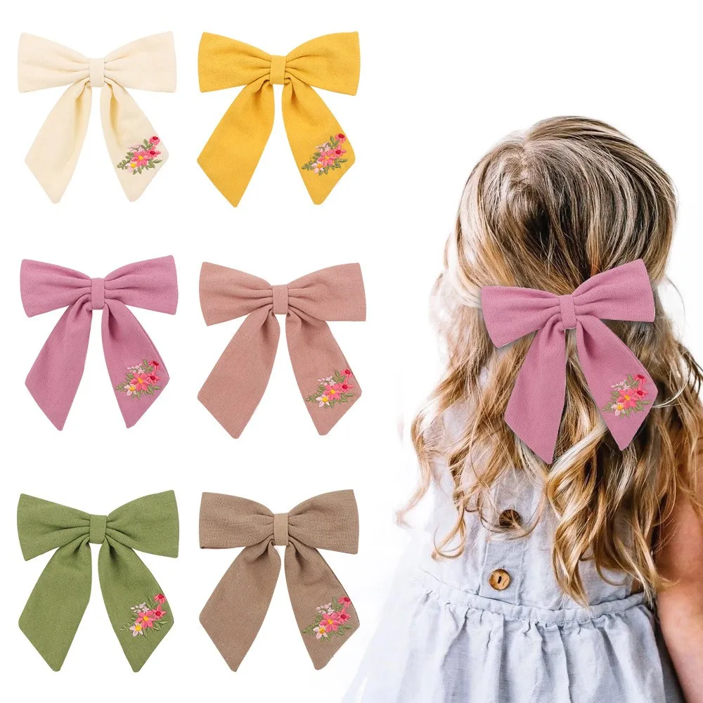24pc-floral-embroidery-hair-clips-5-inch-linen-bow-hairpins-barrettes-kids-headwear-baby-girls-hair-accessories-bulk-pack