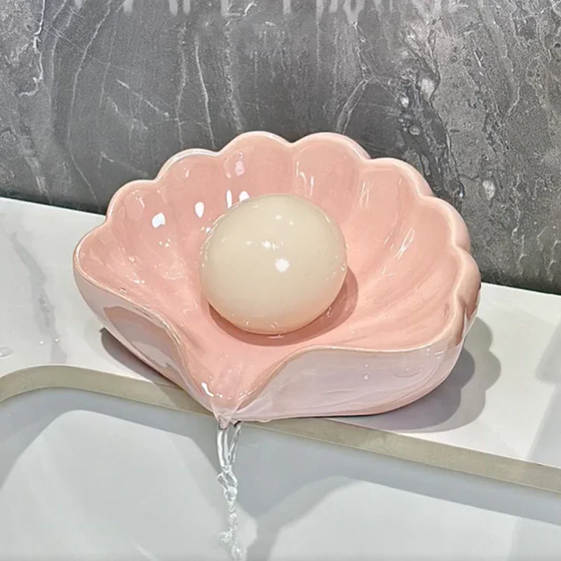 Ceramic Drain Soap Box, Luxury Shell Soap Dish Bathroom Accessories Soap Holder Draining Box Creative Desk Jewelry Display Tray