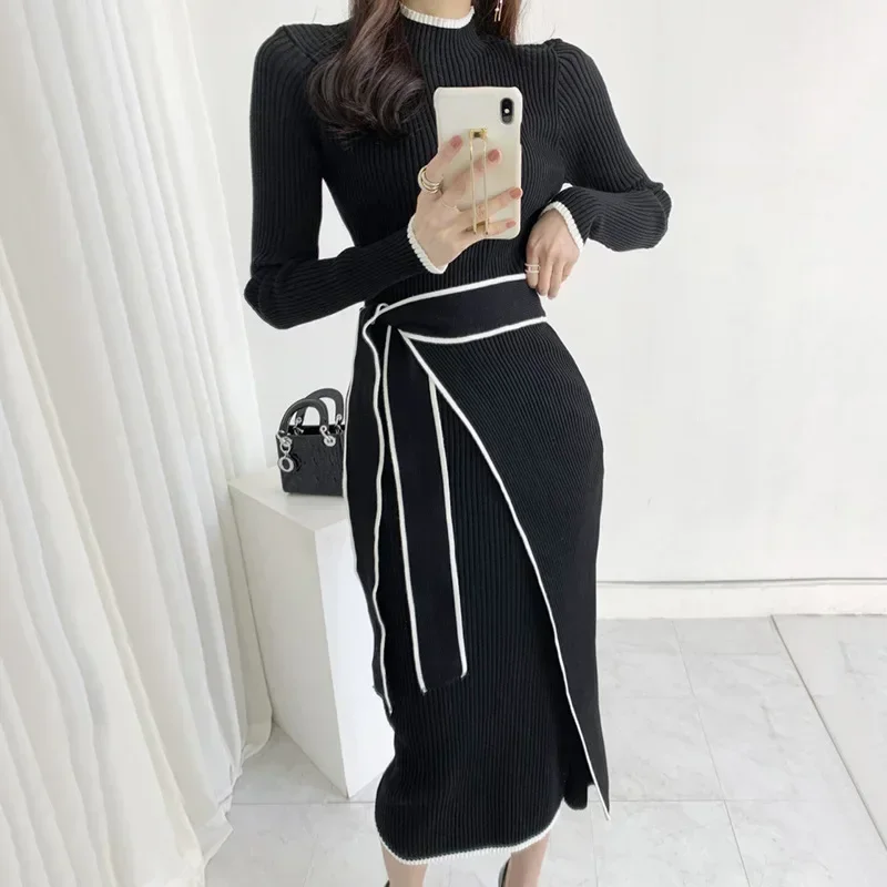 

New Spring Korean Vintage Women Knit Dress Autumn Slim Lace-Up Sweater Skirt Elegant Fashion Office Female Vestidos Y2k Dress
