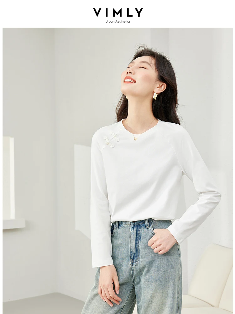 VIMLY Women Fashionable Solid Long Sleeve Tops Shirts  2024 Spring/Autumn Simple Basic Cotton Loose Bottom Shirt Tops Tee M3315