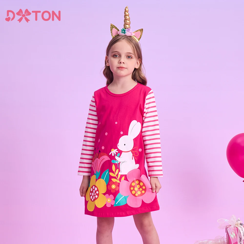 

DXTON Spring Autumn Toddler Dresses For Girls Striped Sleeve Casual Kids Dress Floral Printed Rabbit Cartoon Children Clothing
