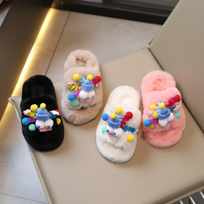 

Winter Cartoon Doll Children Fur Slippers for Girls Outdoor Plush Cotton Slippers Mom and Daughter Furry Indoor Shoes Non-slip