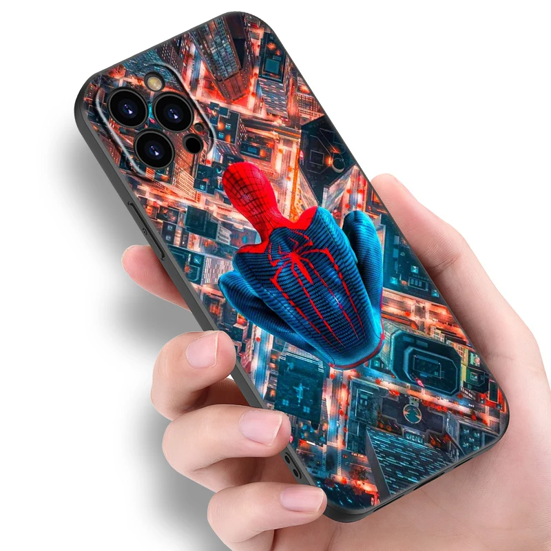 Custodia per telefono nera Marvel Spider Man per Apple iPhone 15 Pro Max 14 13 12 Pro Max Mini 11 Pro 7 8 Plus XR X XS SE 2020 2022 Cover