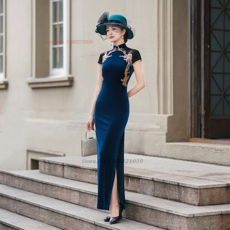 Китайское винтажное платье 2021, бархатное платье Cheongsam, традиционное народное платье с цветочными пайетками, восточное ретро-банкетное вечернее платье, платье