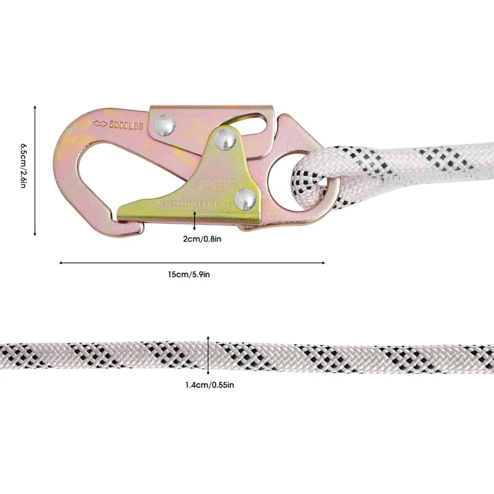 Corde de protection contre les chutes pour toiture en polyester, ULen acier allié, deux mousquetons, escalade et exploitation forestière, 50 pieds