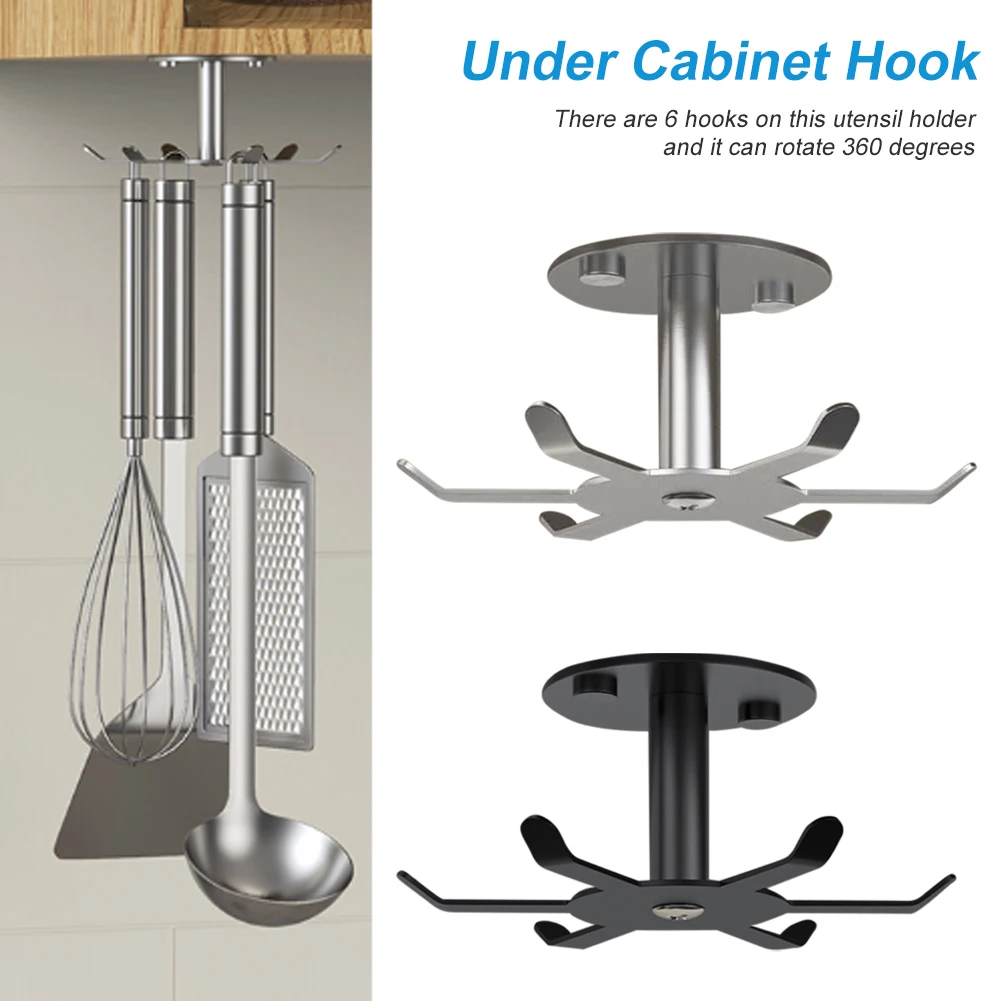 

Stainless Steele Under Cabinet Hook Rotating Kitchen Utensil Holder 6 Hooks Utensil Hanging Rack with Screw for Kitchen Bathroom