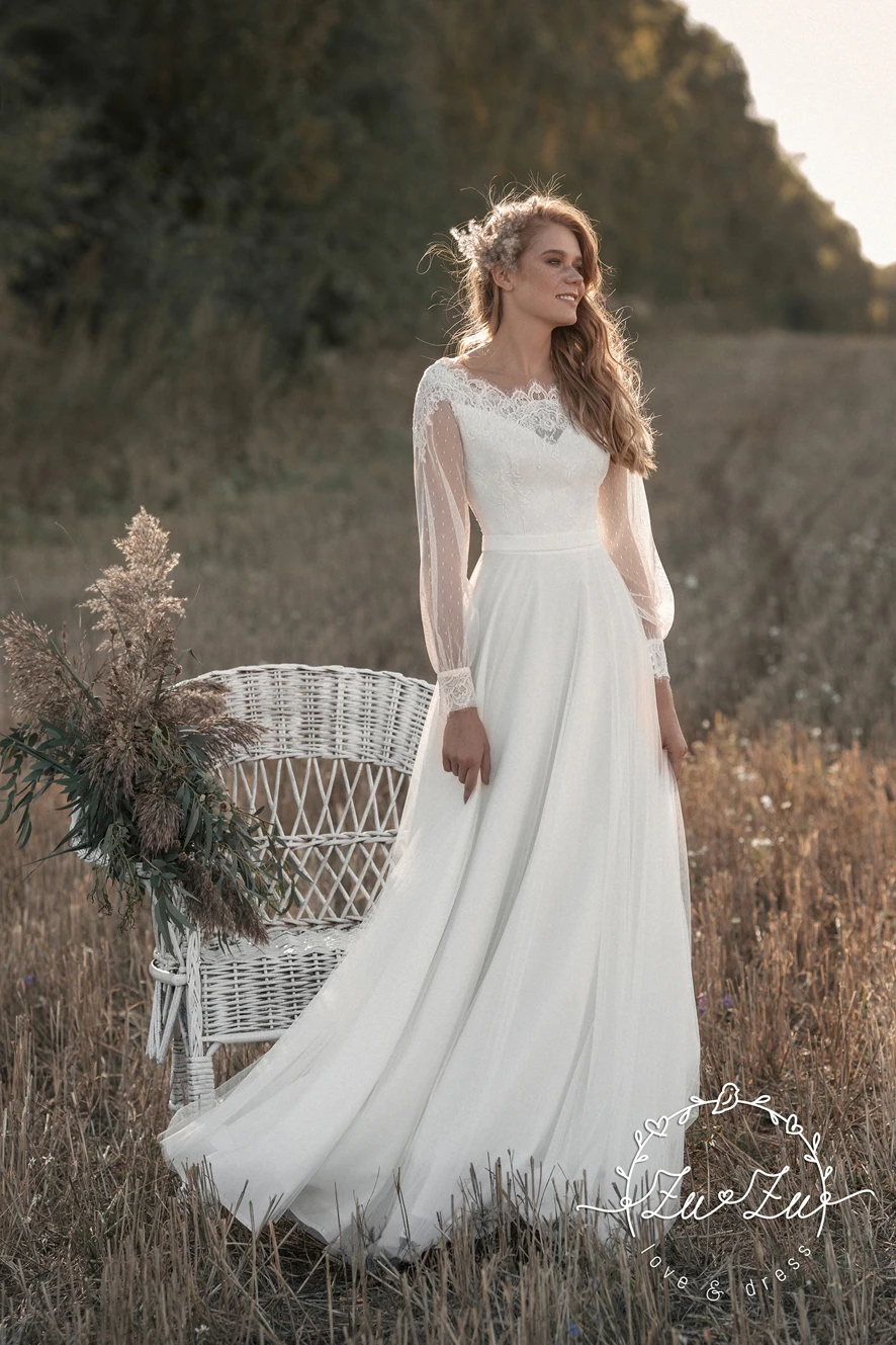 Robe De mariée Vintage en dentelle, col rond, manches longues, ligne A, en Tulle, boutons au dos, avec traîne, personnalisable, 2022