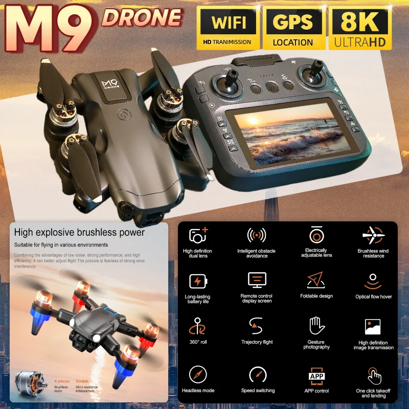 

For Genuine M9 Drone Professional RC with HD screen 5G GPS Dual HD Camera Foldable Quadcopter Brushless Motor Hovering Drone Toy