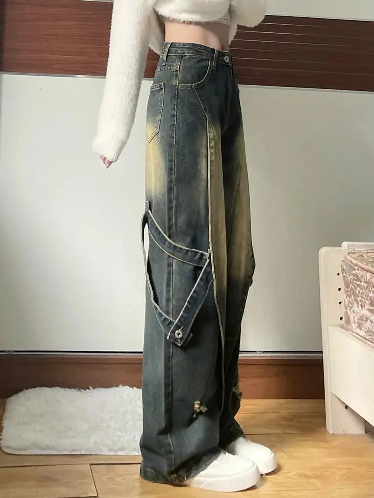 AAA + 2024 estate donna stile Casual Harajuku Jeans Vintage a vita alta pantaloni larghi strappati Y2K gamba larga Punk pantaloni larghi in Denim