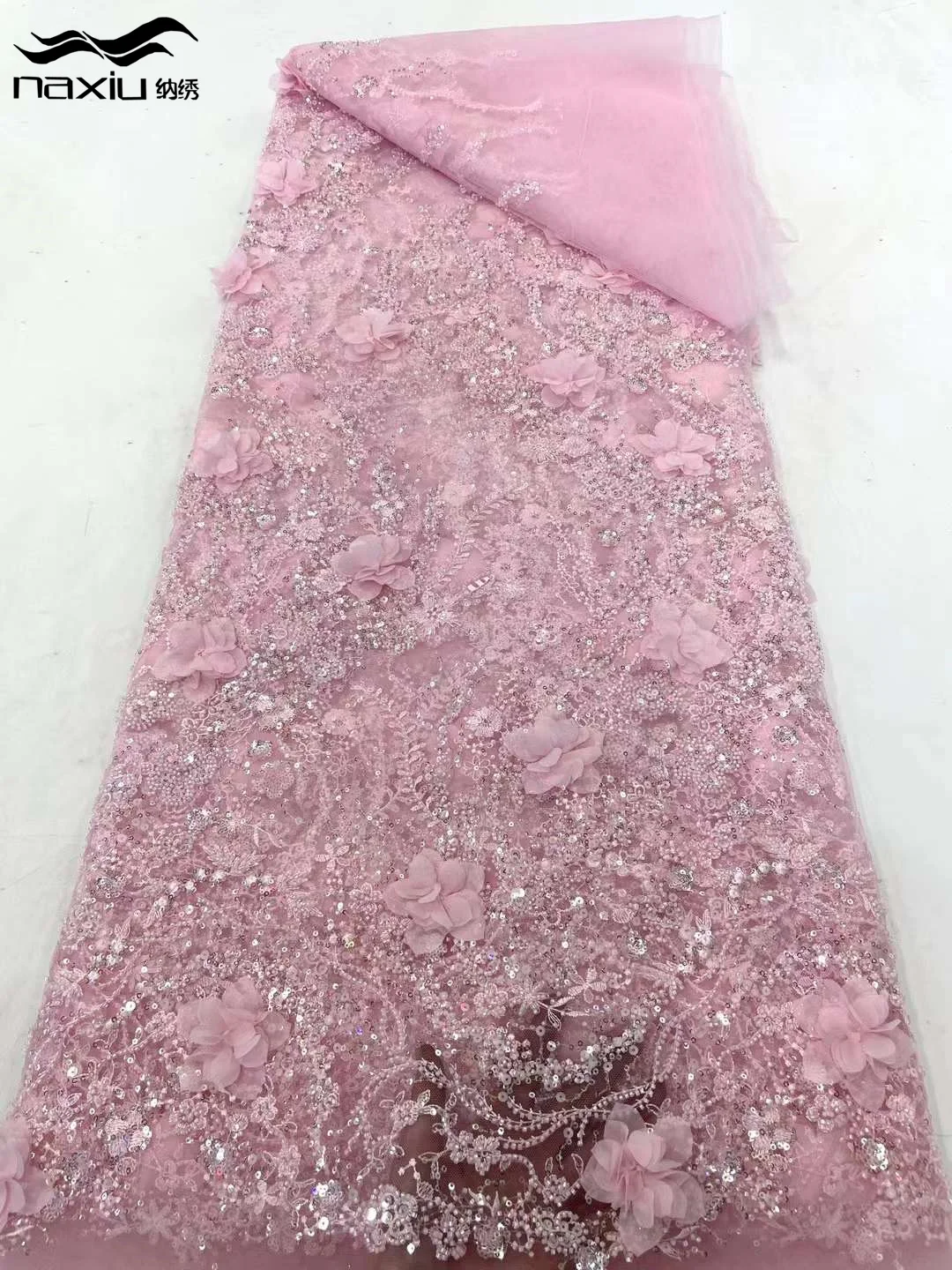 Madison Pink French 3D Beaded Tulle Lace Fabrics 2024 High Quality African Groom Lace Fabrics Luxury Sequins For Evening Dress