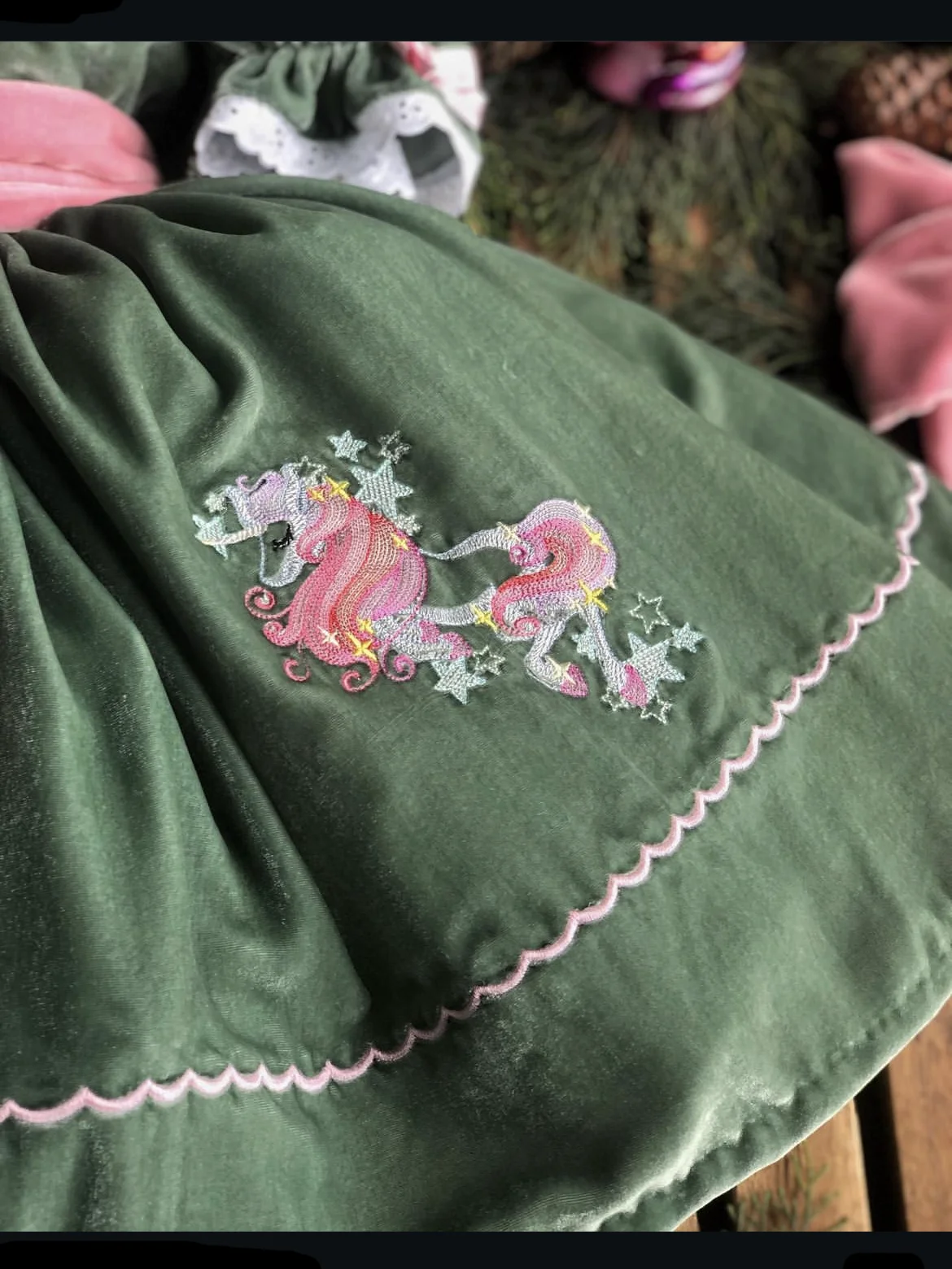 Baby Girl Autumn Winter Green Velvet Rainbow Horse Embroidery Vintage Turkish Princess Dress for Christmas Birthday Photography