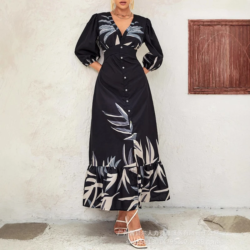 

Long Dress Women Dresses Print Floral Single Breasted Vestidos V Neck Half Sleeve Elegant Splice Y2k High Waist Summer 2025