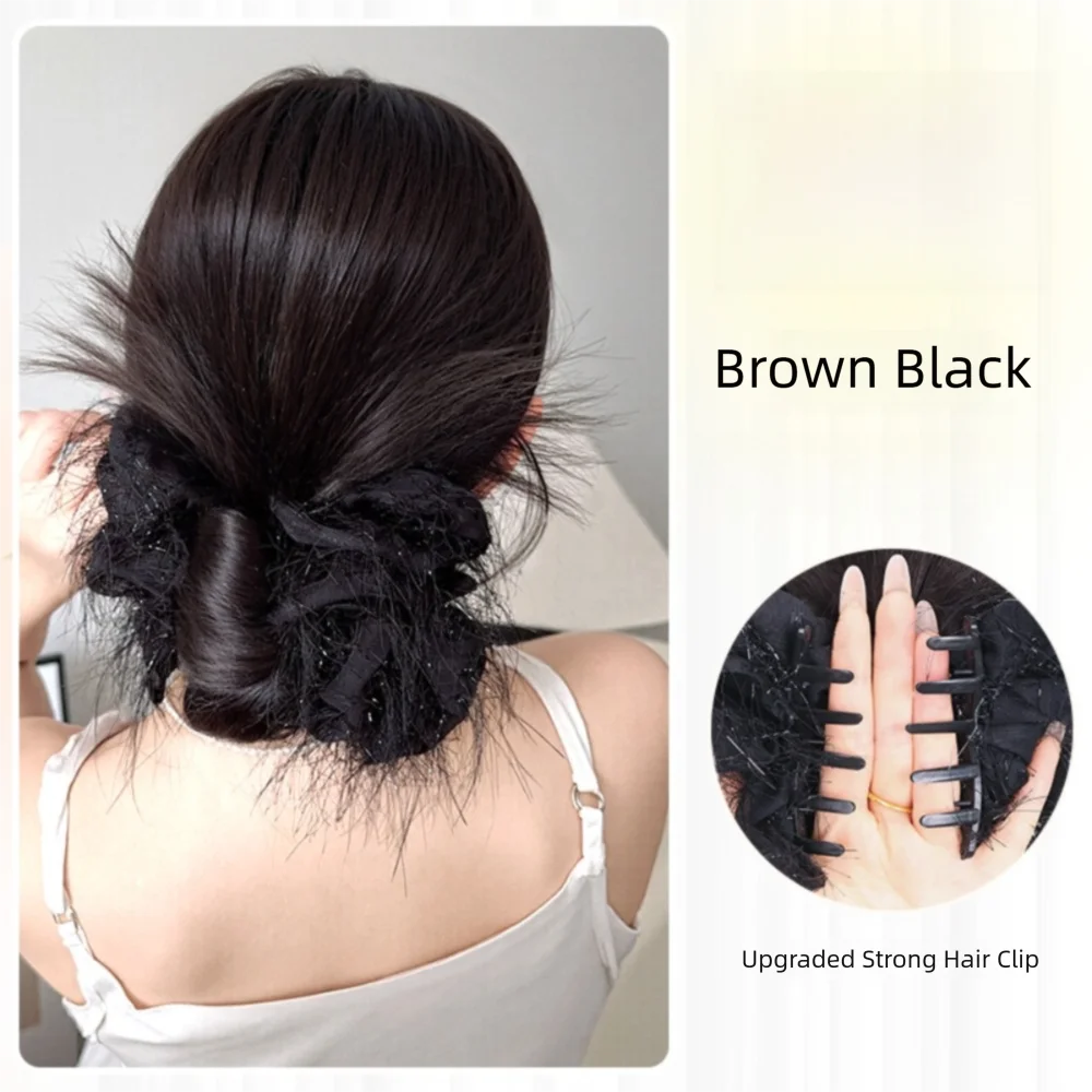 

New Synthetic Hair Bun Claw Clip Tassels Natural Bun Head Wig Fluffy with Mesh Hairpiece Women